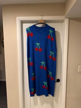 Dressed in LALA Blue Maxi Dress with Red Cherry Motif and Green Stems